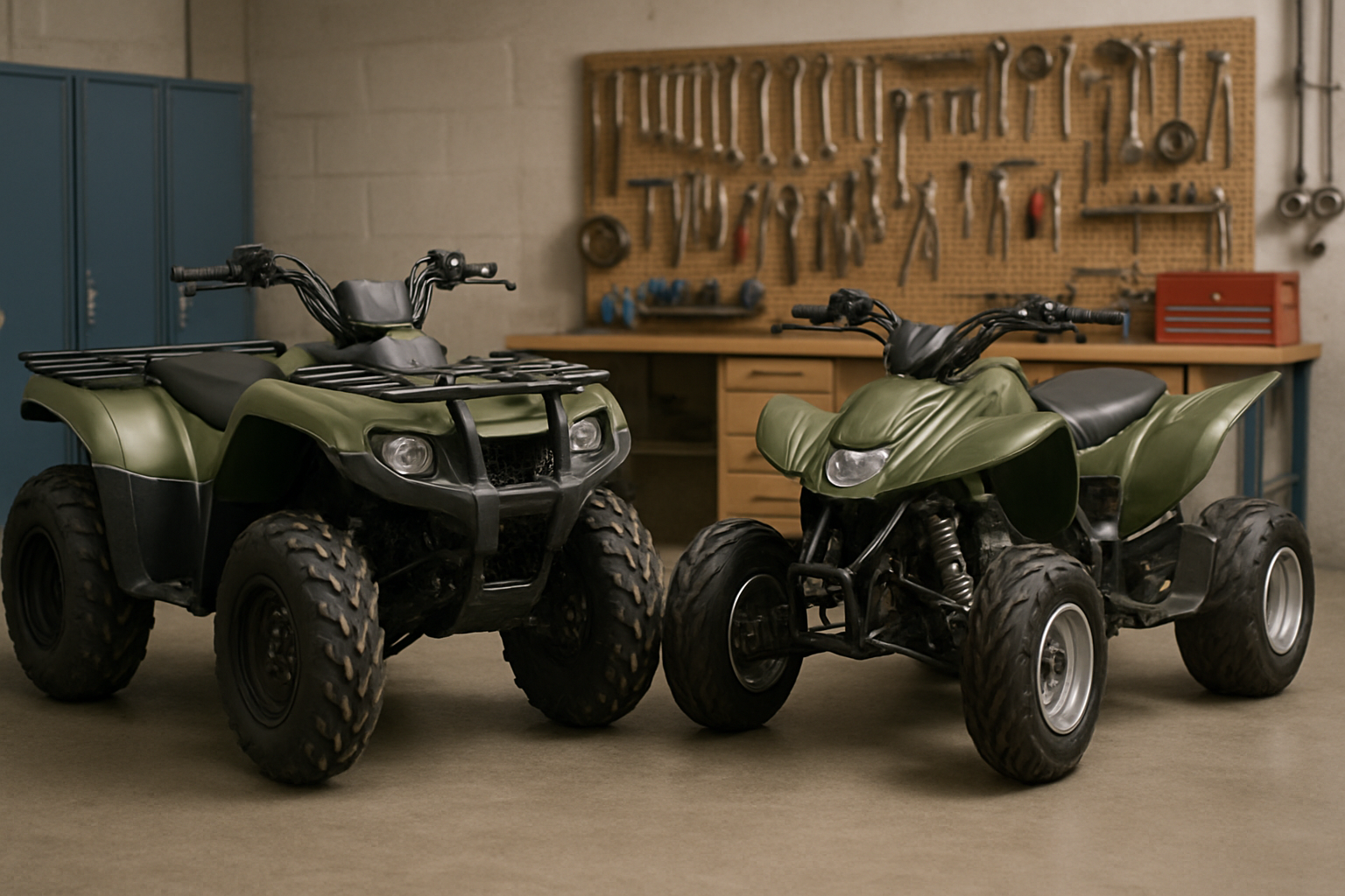 Quads 250 cm³ utilitaire et sportif côte à côte, mettant en évidence les porte-bagages, les profils de pneus et les différences de garde au sol