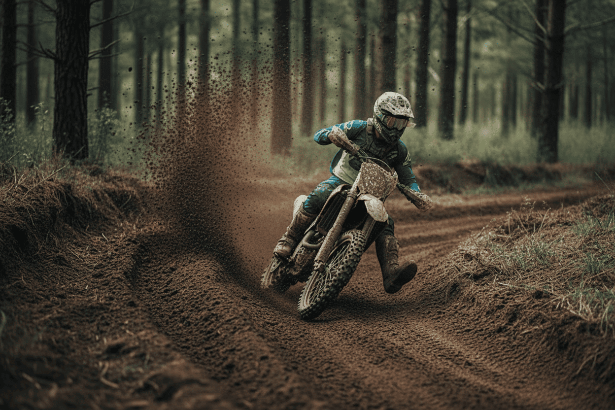 Moto tout-terrain de 600 cm³ roulant sur un sentier boueux, illustrant ses capacités hors route et sa conception robuste.