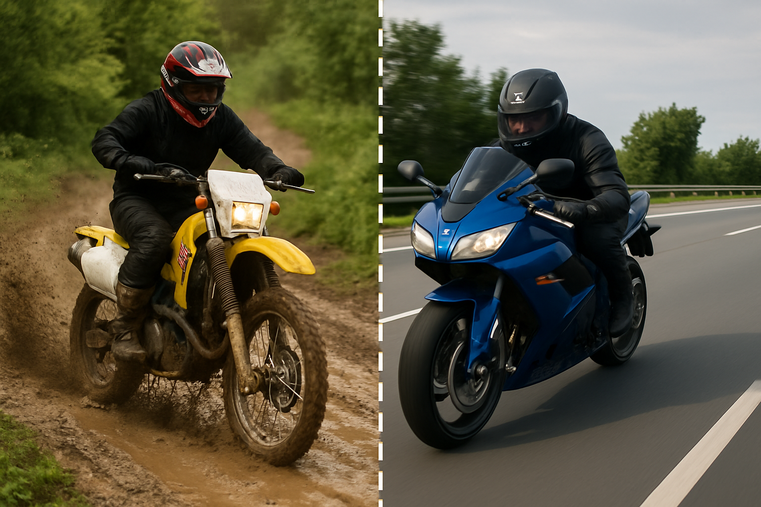 Comparaison entre une moto tout-terrain de 600 cm³ sur un chemin boueux et une moto sportive de 600 cm³ sur route, illustrant leurs utilisations respectives.