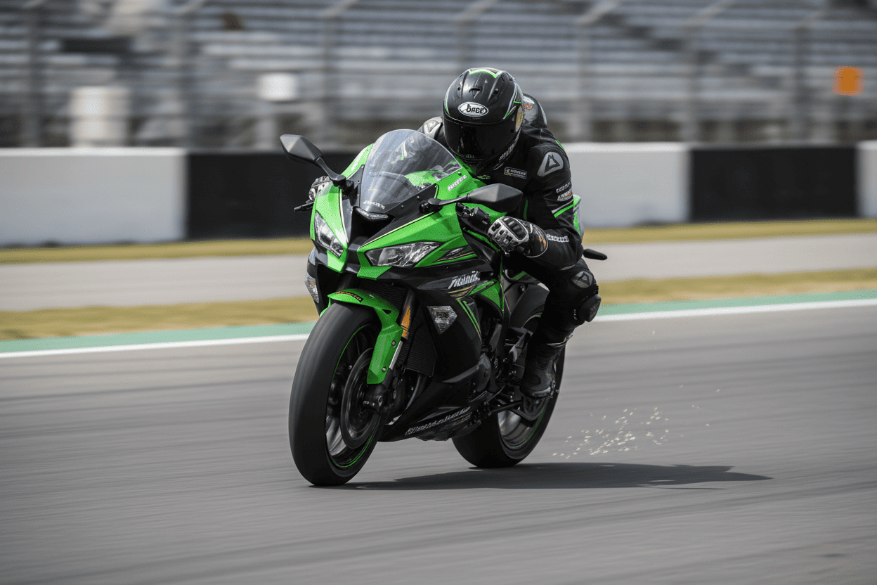Moto sportive de 600 cm³ sur un circuit, mettant en valeur son aérodynamisme et ses performances à haute vitesse.